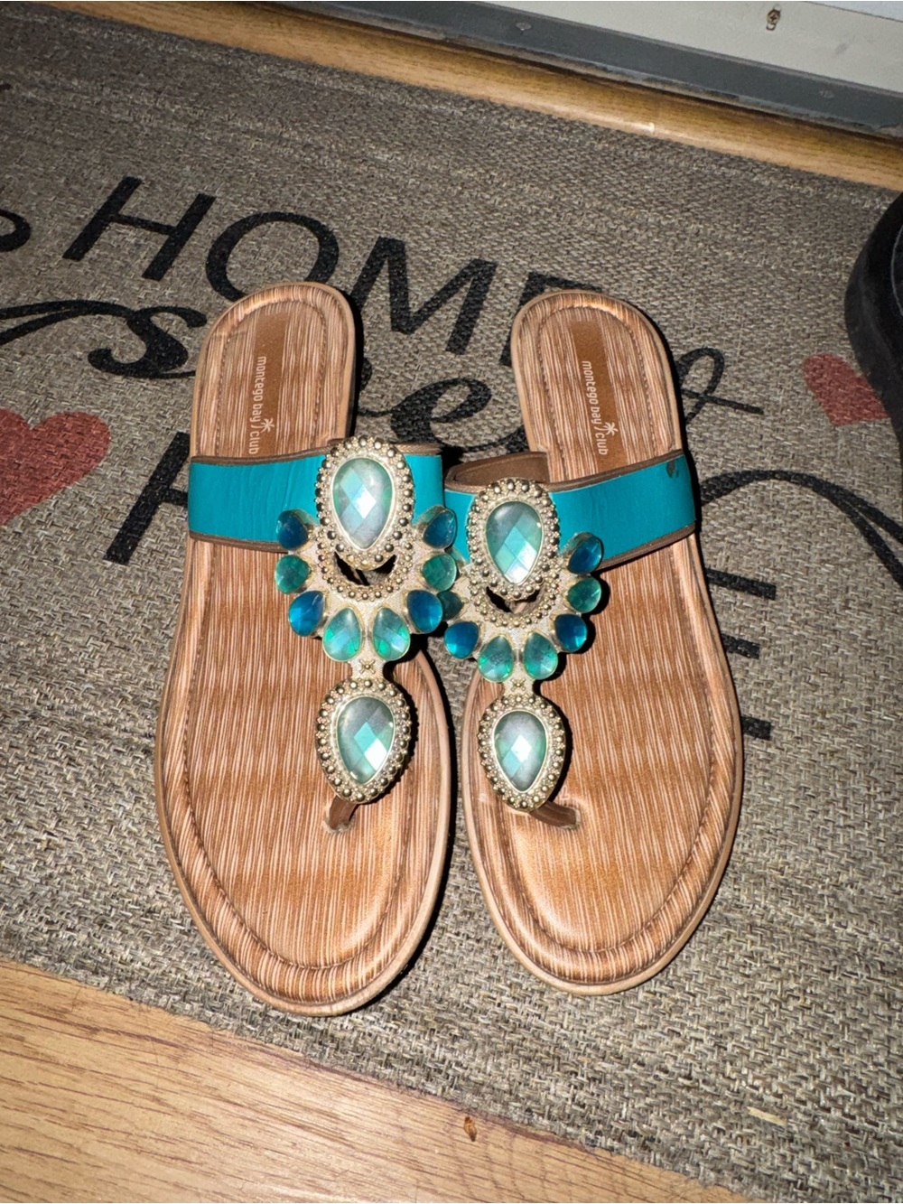 Turquoise Jeweled Toe-Post Sandals - Women's Summer Slide